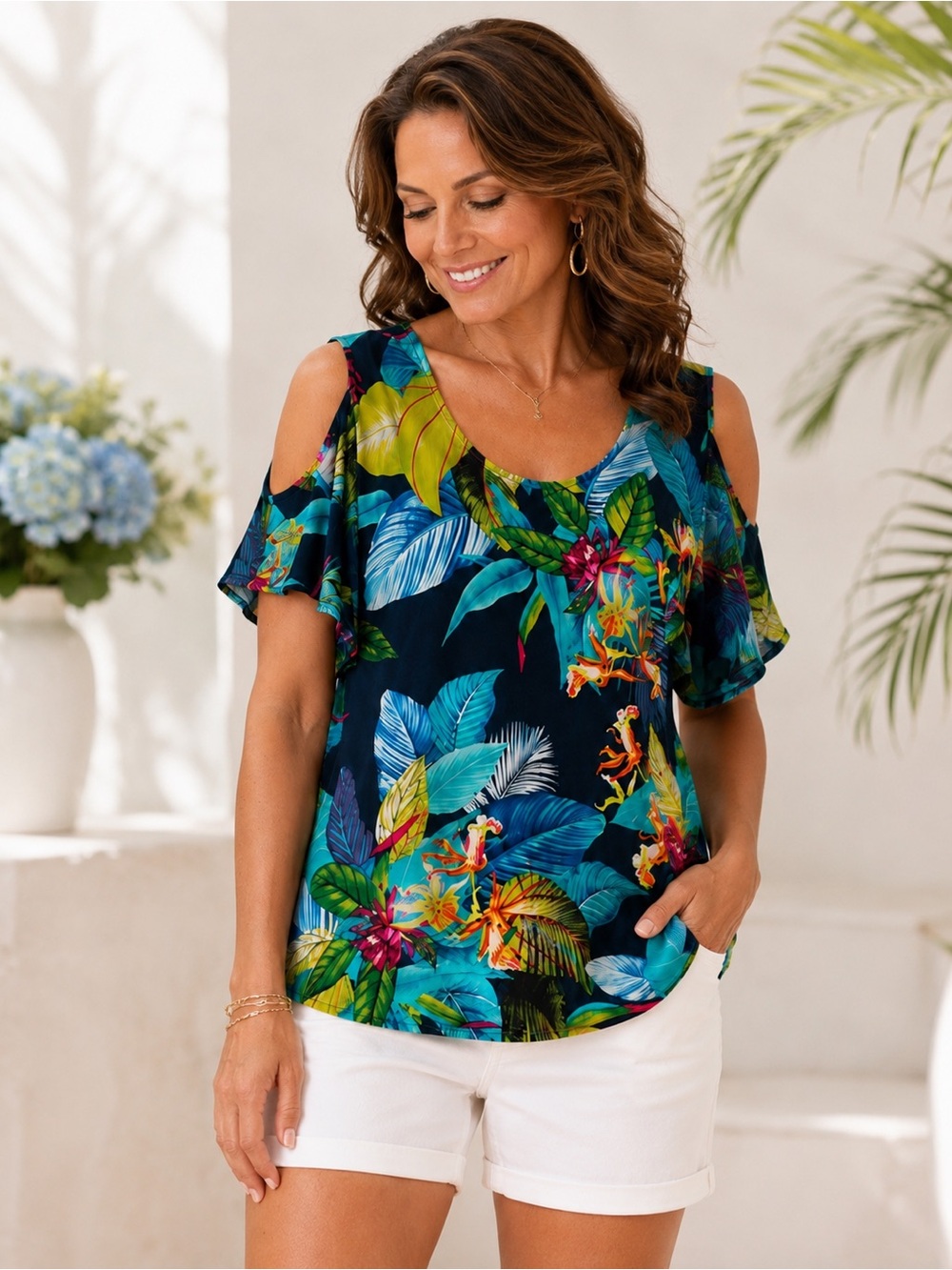 •Ariana Navy Tropical Floral Cold Shoulder Tunic Top | Medium